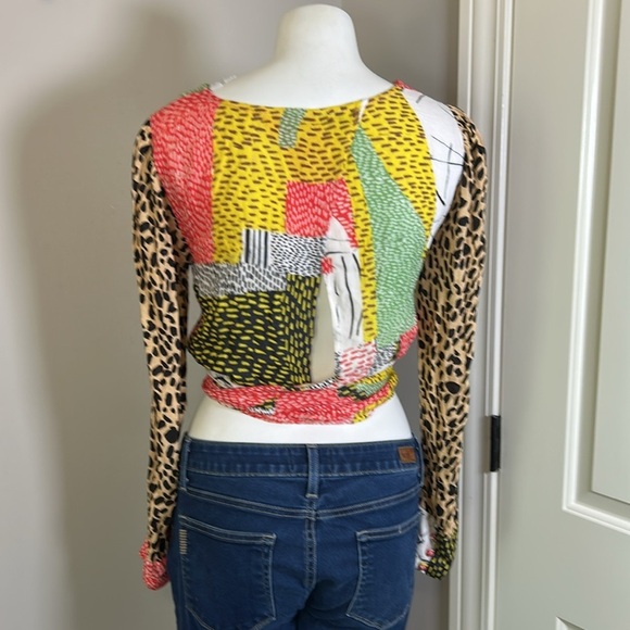 Anthropologie BInk Leopard Patchwork Blouse Wrap Top Tie Closure Shirt Sz XS - Picture 8 of 11